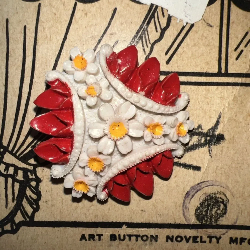 Vintage Flower Curtain Tie-Back Holders Set Of 2 Art Button Novelty Co w/‎ Card!